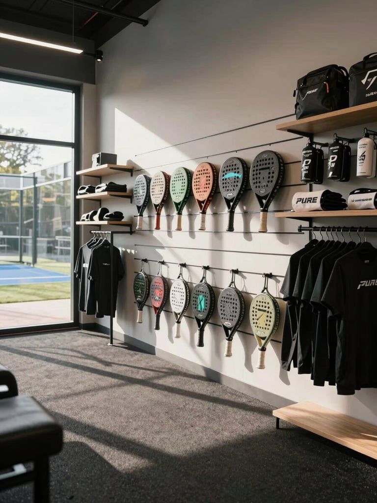 Wide shot of a clean, organized pro shop interior at Pure Padel — rackets racked on a wall, shelves with apparel and accessories, natural daylight from a window, no people, sharp shadows