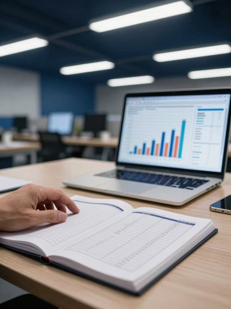 Wide panoramic shot looking across a professional operations desk from the left, a hand resting on an open notebook filled with structured tables and KPI columns, a laptop screen displaying a financial dashboard with bar charts in the background, clean overhead fluorescent light, navy background, no people visible above the wrist
