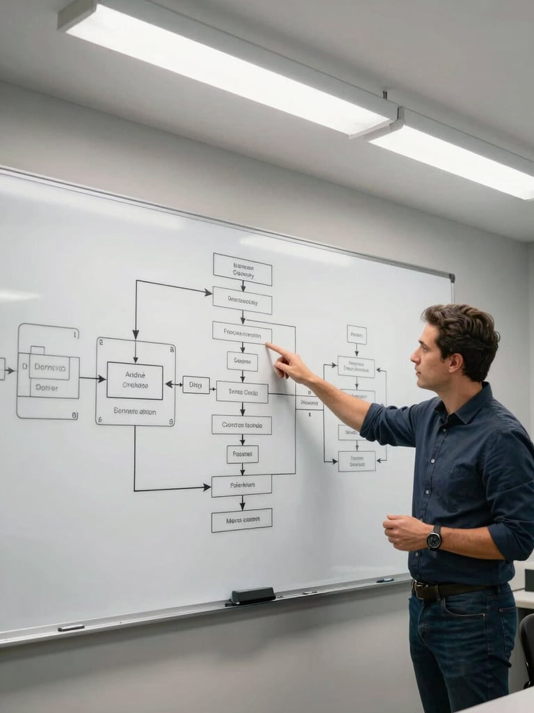 Wide environmental shot, left-bleed composition: André Conejo standing at a whiteboard covered in structured flow diagrams and numbered process steps, pointing at a stage in the framework, bright overhead fluorescent lighting, professional context of a working operations room, no decorative elements — the board content is the focal subject, André in mid-explanation