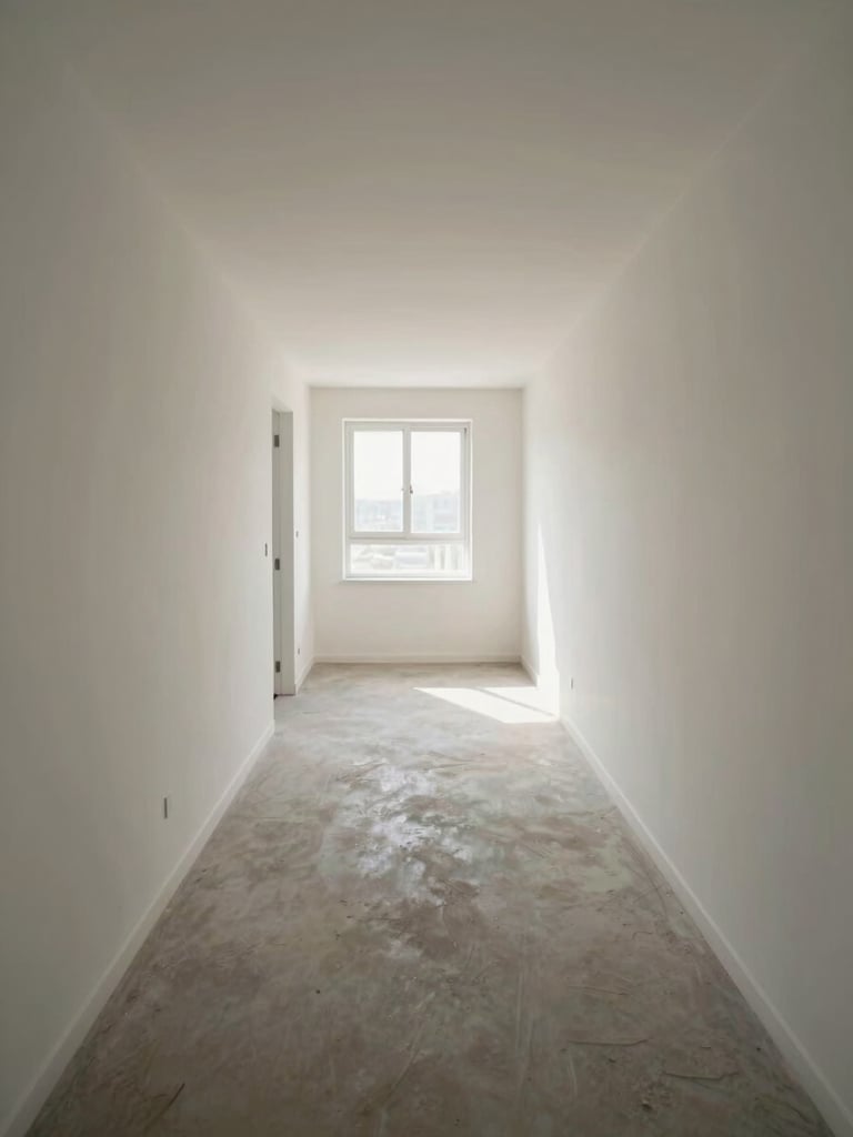 Wide shot of an empty hallway inside a managed residential property, natural window light at the far end, clean walls and flooring, environmental scale evident, no people