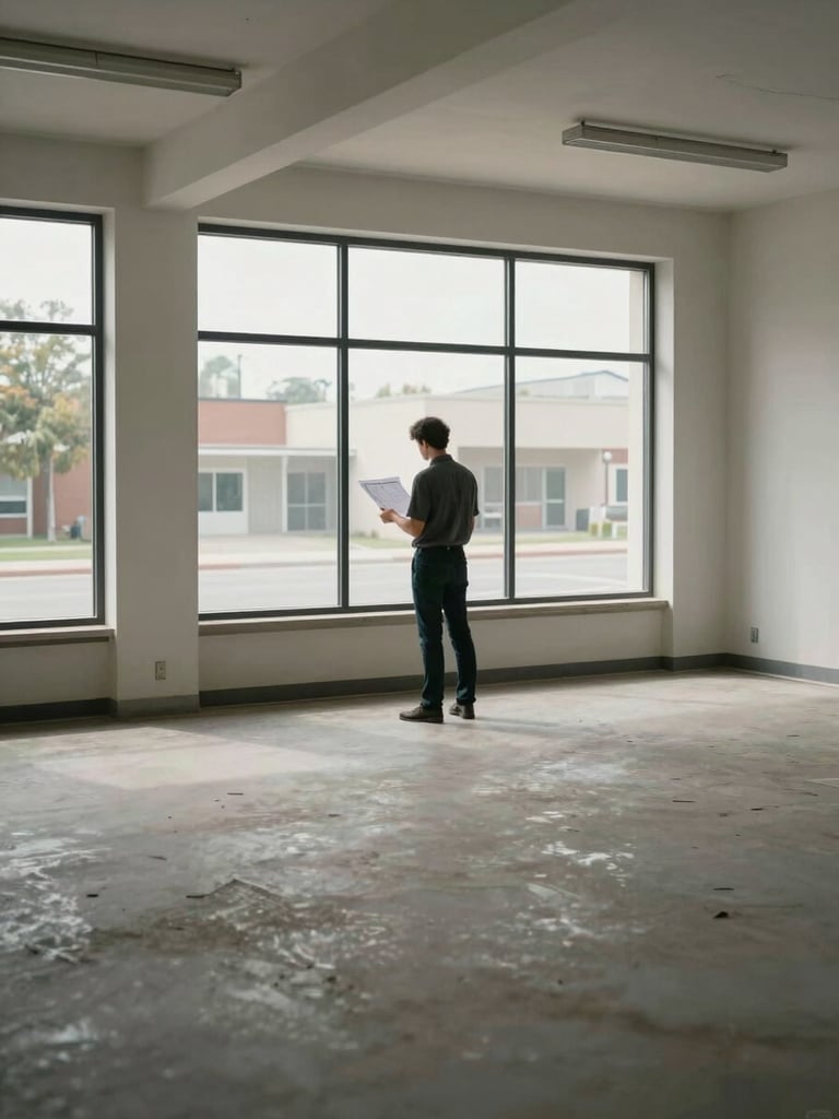 Wide shot of a principal standing inside a vacant commercial unit, natural light from large street-facing windows, the person facing away toward the window reviewing plans or notes, environmental framing shows the room's condition and scale — no posed expression, no eye contact
