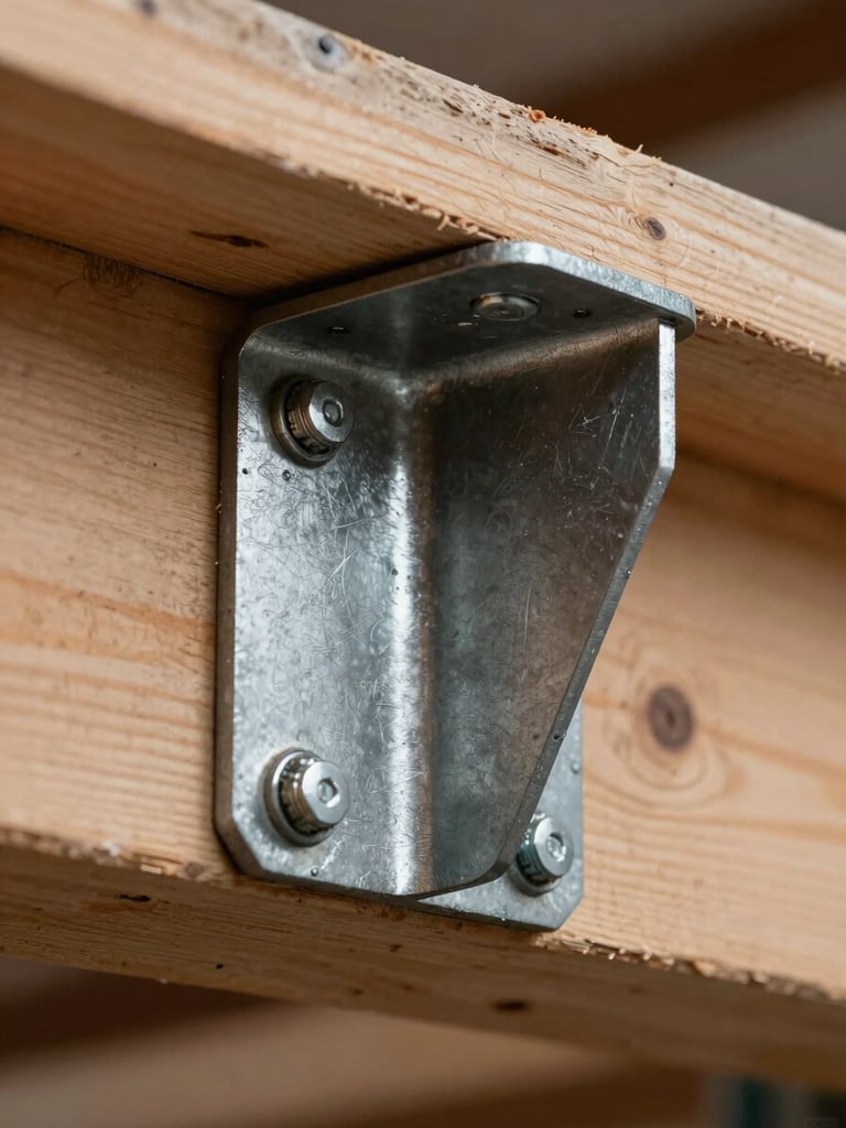 Extreme close-up of a heavy steel bracket bolted into a seasoned cedar beam, raw industrial textures, sharp focus.