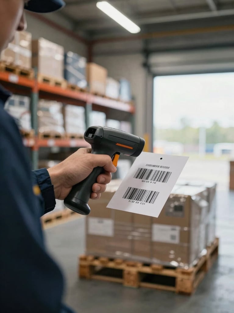 Close-up of a warehouse worker scanning a barcode on a pallet at a receiving dock, handheld scanner in focus, organized shelving visible in the background, clean overhead fluorescent and natural bay-door light