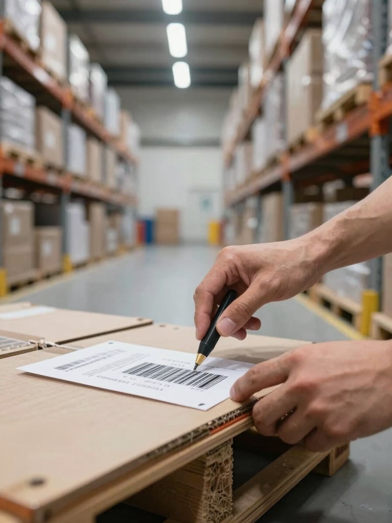 Close-up environmental shot inside an active warehouse, a logistics worker's hands scanning a barcode on a freight pallet under bright overhead fluorescent lights, rows of shelved inventory visible in the background, clean industrial floor