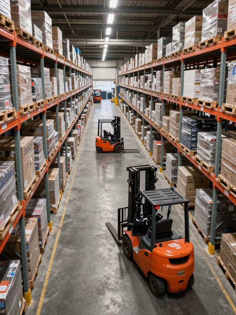 Wide shot looking down a busy warehouse aisle from a high angle, forklifts moving palletized freight under bright overhead skylights, organized rack systems on both sides receding into the distance, clean concrete floor with painted lane markings