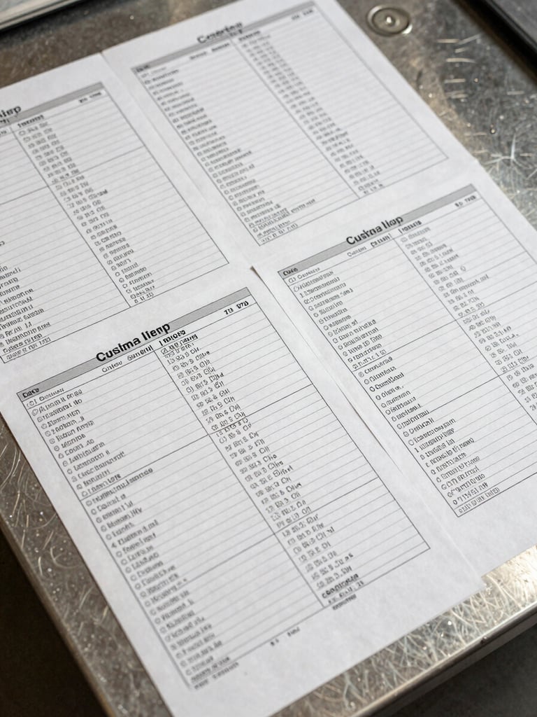 Overhead tight shot of customs shipping manifests and barcoded cargo labels spread flat on a steel surface under bright diffused studio light, organized rows of documentation with tracking codes visible, emphasis on precision and systematic order