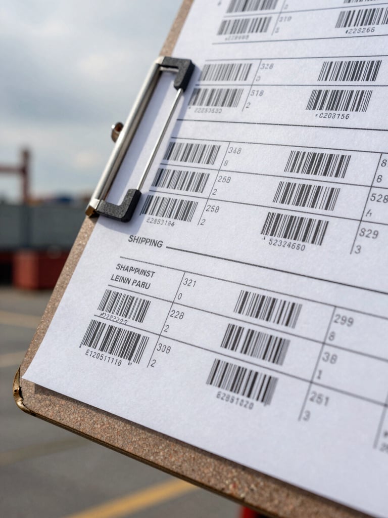 Extreme close-up of a shipping manifest printout on a metal clipboard, barcodes and port codes sharply in focus, overcast natural daylight from the left, industrial dock surface visible at the bottom edge of the frame