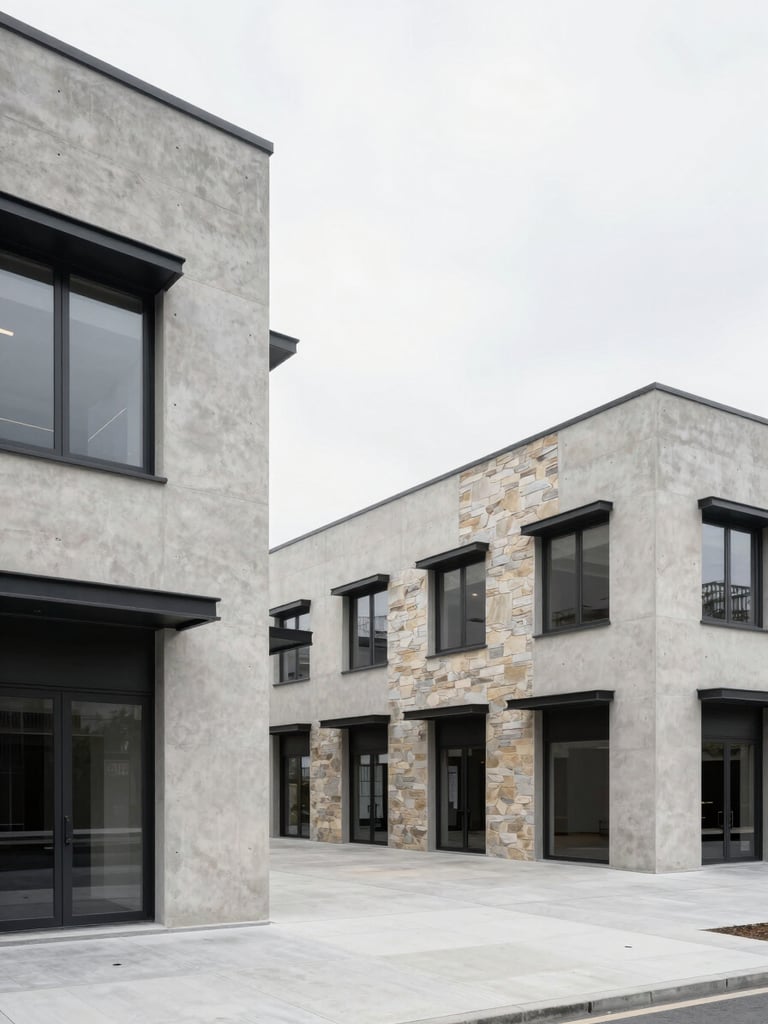 Wide-angle exterior architectural photography of a modern commercial complex with clean concrete and stone textures under bright overcast daylight.