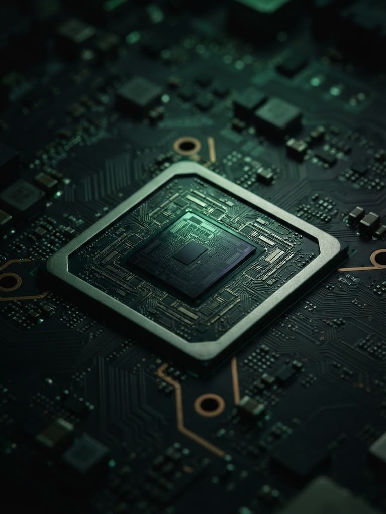 Macro close-up of a high-end mobile processor chip on a dark circuit board, sharp focus on silicon pathways, low-key studio lighting with emerald green accent glows
