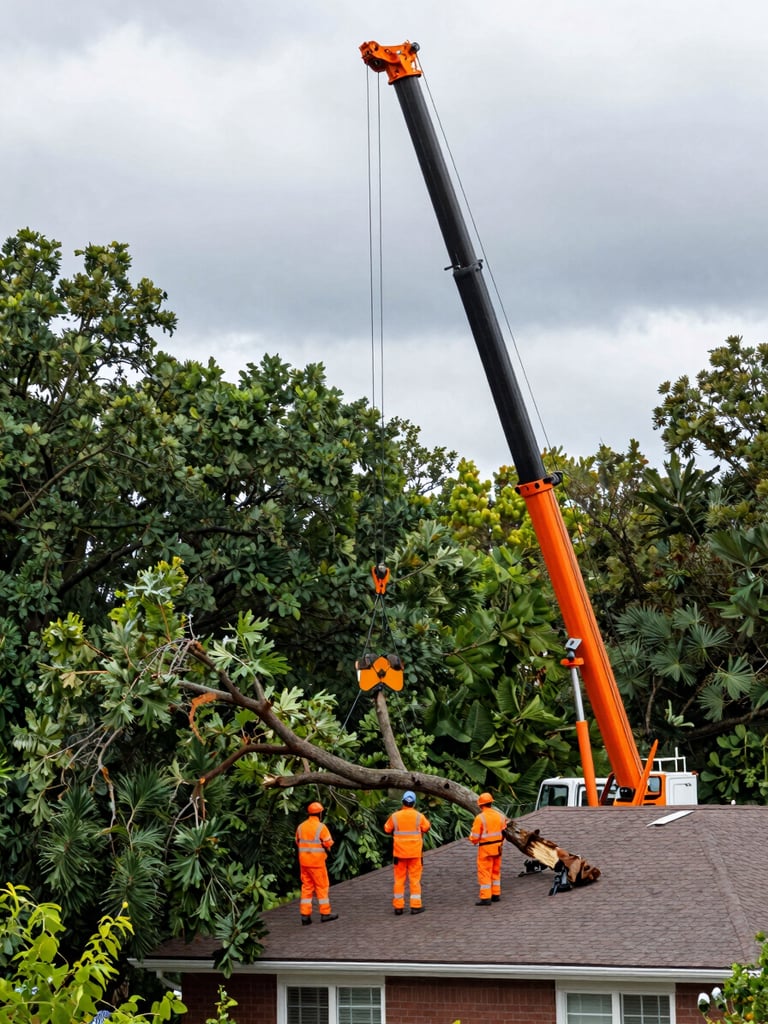 Crisp documentary photography of a heavy crane lifting a massive storm-damaged oak limb off a residential roof, crew members in high-vis safety orange gear guiding the rig under overcast storm skies.