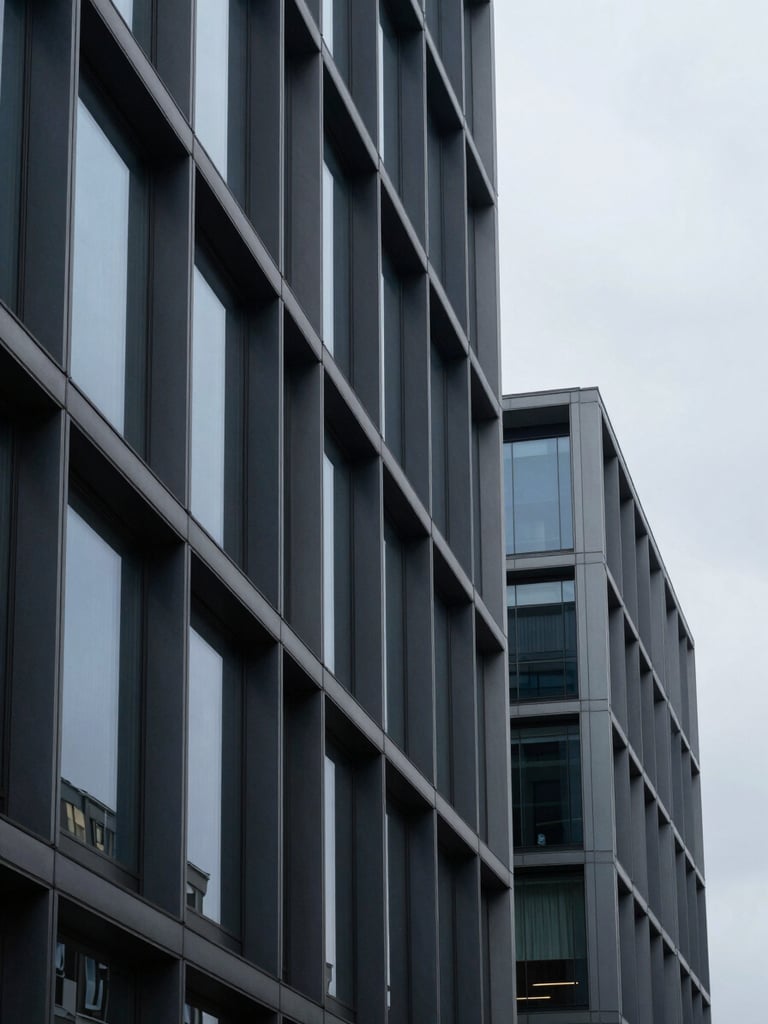 Architectural close-up of a modern corporate building facade with sharp steel and glass lines, cool overcast daylight casting soft shadows, 35mm editorial photography style.