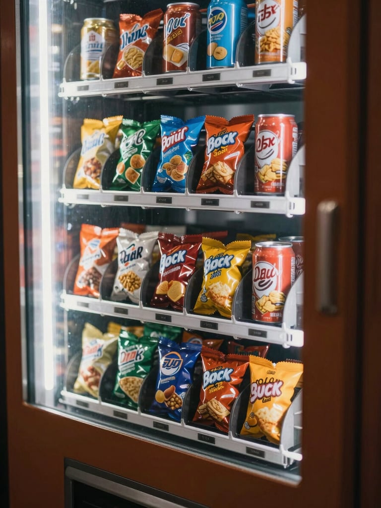 Tight close-up of a vending machine's product compartment showing colourful snack packets and drink cans neatly arranged behind glass, warm natural sidelight from the left, rich browns and oranges in the packaging, no people, sharp product detail