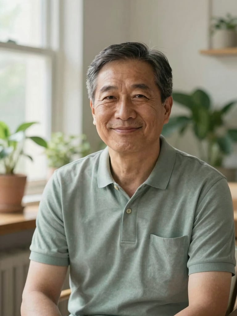 Quiet portrait of a mature guide with a gentle smile, sitting in a sunlit room with green plants, soft daylight, warm editorial photography, shallow depth of field, 35mm