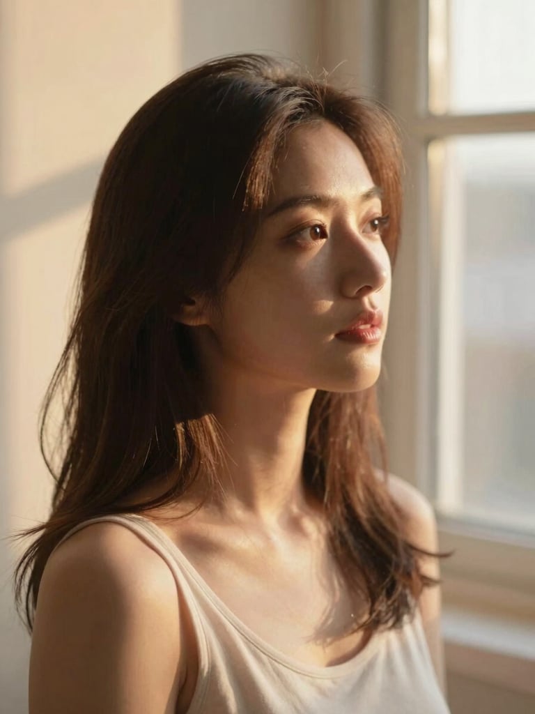 Warm editorial portrait of a woman looking reflective, soft golden-hour light filtering through a window, gentle rosy tones, cozy atmosphere, shallow depth of field.
