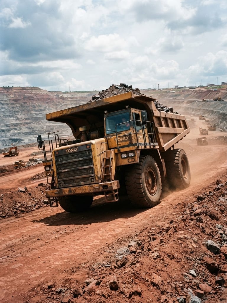 Low-angle heroic shot of a heavy-duty Tonly mining dump truck operating on a red-dirt copper mine in Kolwezi, harsh natural daylight, high-contrast metallic textures, 35mm