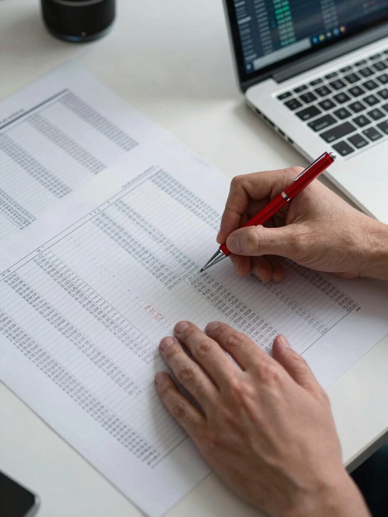 Close overhead view of hands annotating a dense financial spreadsheet on a large desk, red pen marks visible on printed columns, a laptop screen glowing with data in the upper right corner, cool skylight illumination, sharp focus on document surface