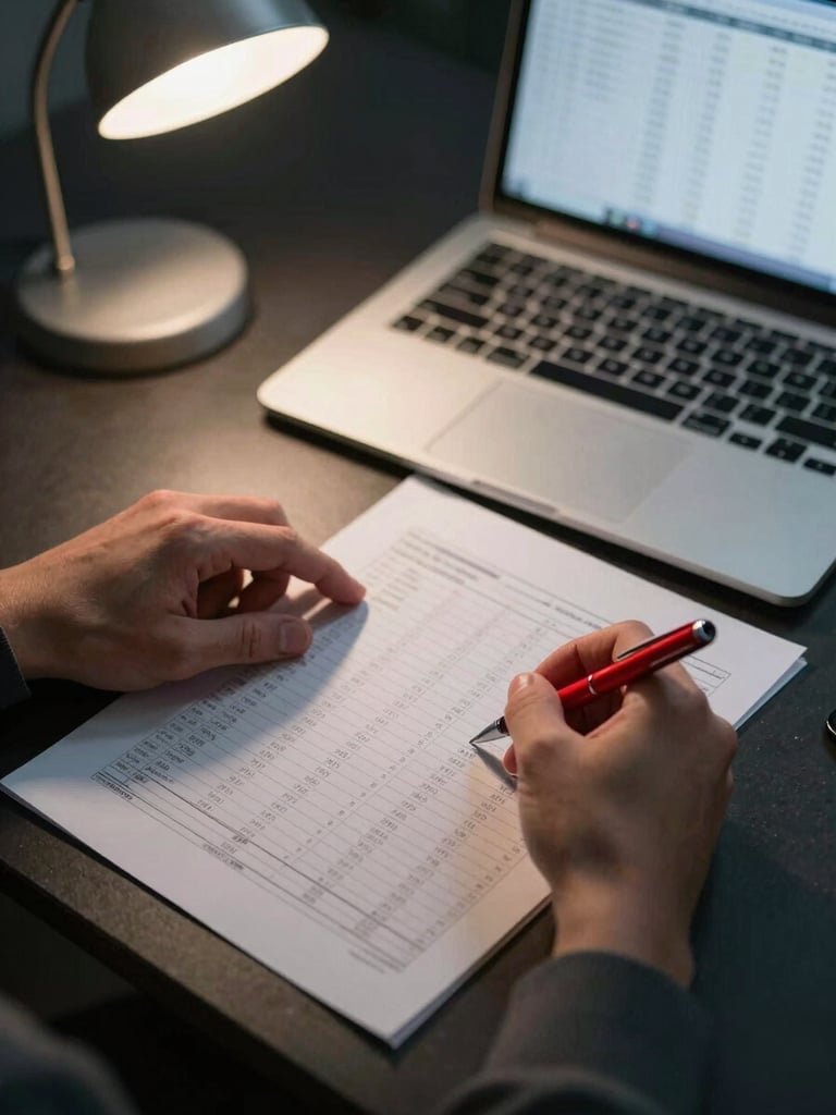 Close overhead view of a financial analyst's hands annotating a printed spreadsheet on a dark desk, red pen marking figures, a laptop screen showing data columns softly blurred in background, cool task-lamp light from upper left