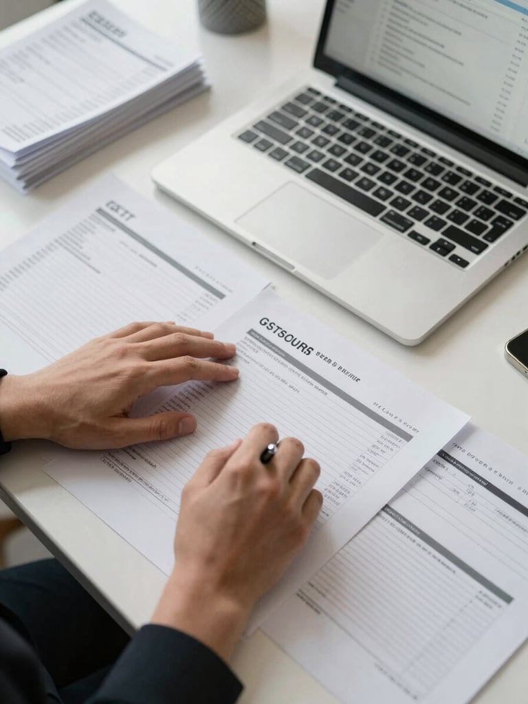 Close overhead view of a business owner's desk in clean office daylight — hands spread across printed GST return sheets, a laptop screen open showing a dashboard with approval status, pen resting mid-signature on a document, stacked invoices visible at the edge of the frame