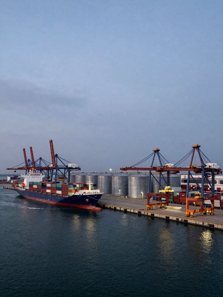 Wide panoramic view of a bulk commodity port terminal at dusk, rows of storage silos and loading gantries stretching to the right edge, a container vessel moored at the quay under cool overcast light, deep navy water in the foreground