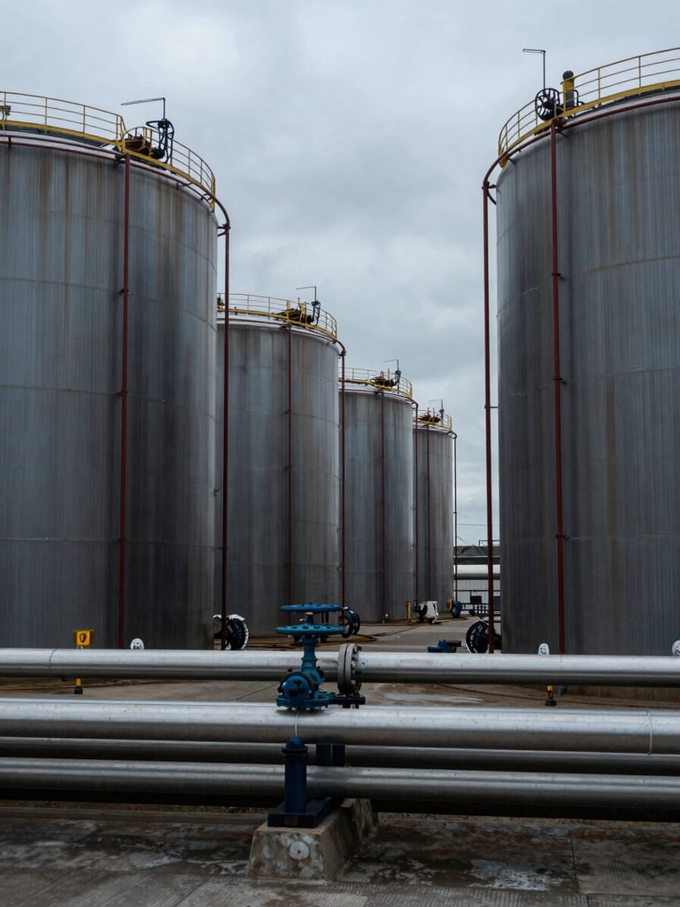 Close environmental shot of a bulk liquid storage terminal at an industrial port, cylindrical tanks receding into the frame, overcast cool daylight, pipeline infrastructure in foreground, no people, muted steel and charcoal tones