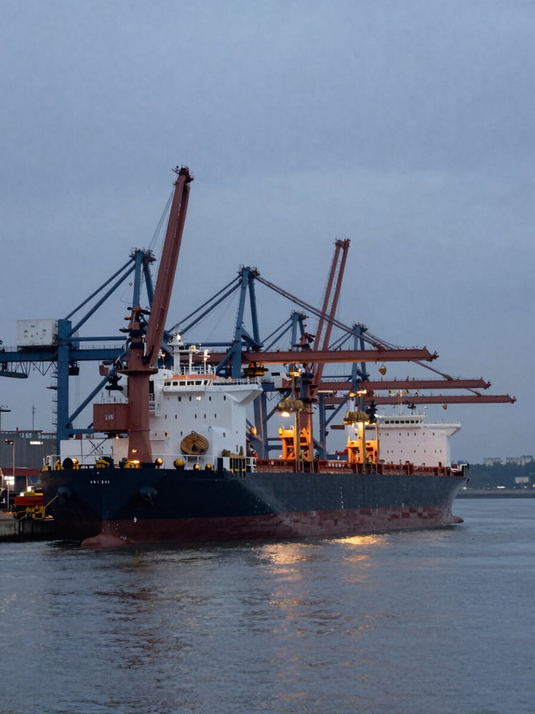 Wide environmental shot of a deep-water port loading terminal at dusk, crane gantries extending over moored bulk carrier vessels, overcast cool-grey sky, steel and concrete infrastructure filling the frame, no people visible