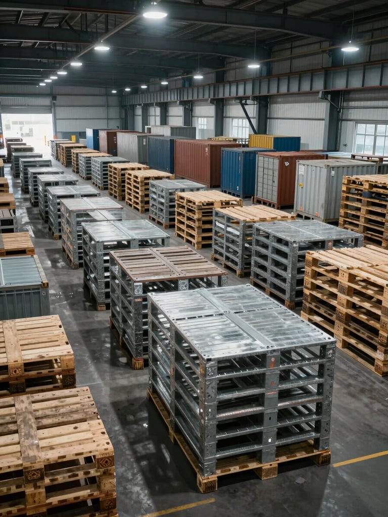 Wide-angle view inside a large industrial freight terminal, rows of metal commodity pallets and freight containers extending into shadow, cool tungsten overhead lighting, no workers visible, organised logistics infrastructure detail