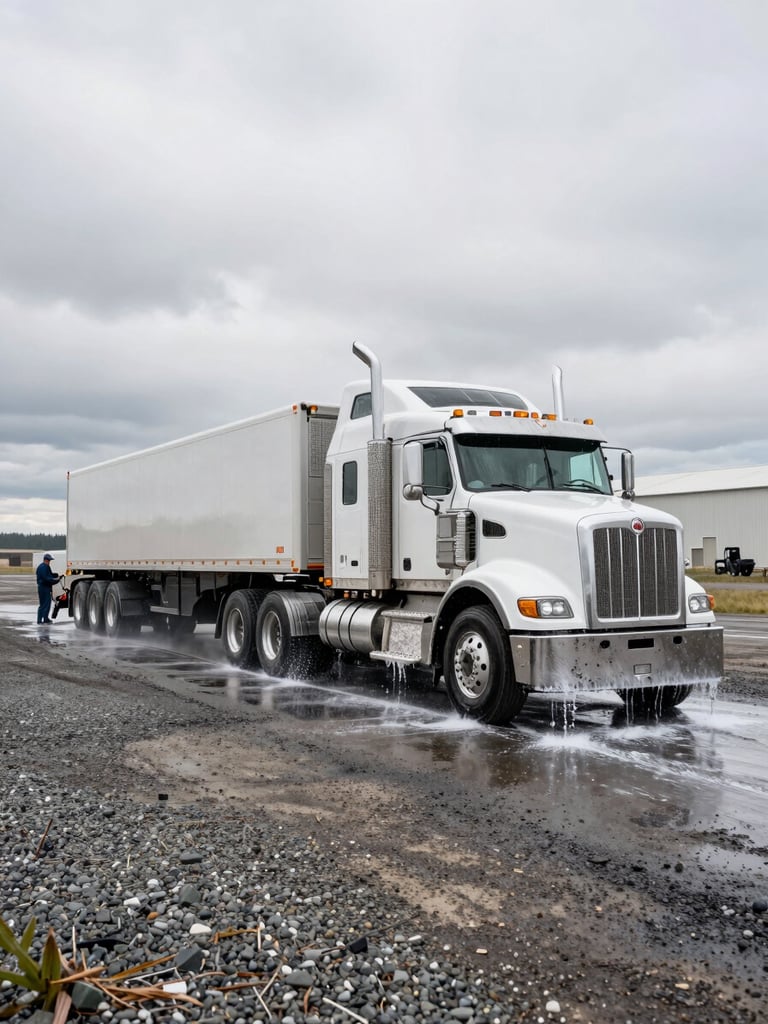 Wide environmental shot of a heavy fleet truck being power washed on an industrial work site in rural Idaho, overcast daylight, water pressure stripping grime from the truck's chassis, expansive gravel yard visible to the left, crew member in the background operating equipment