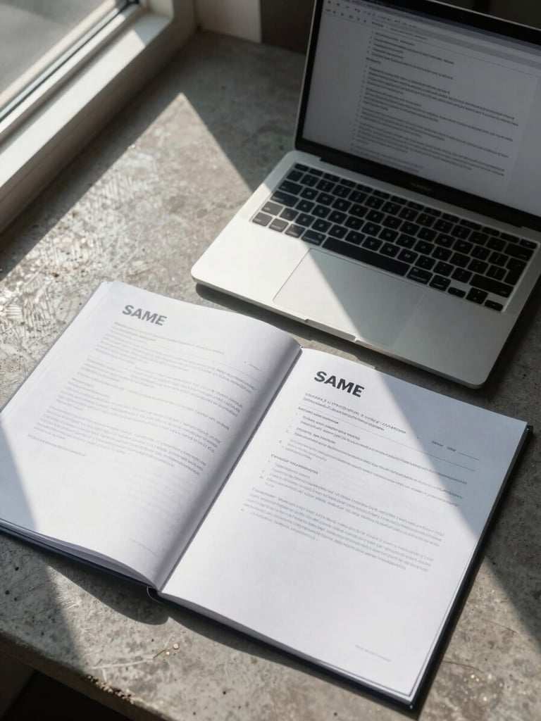 Overhead flat-lay of open contract documents and a SAM.gov registration screen on a laptop, placed on a concrete-grey desk surface, daylight from a side window casting clean directional shadows across the pages