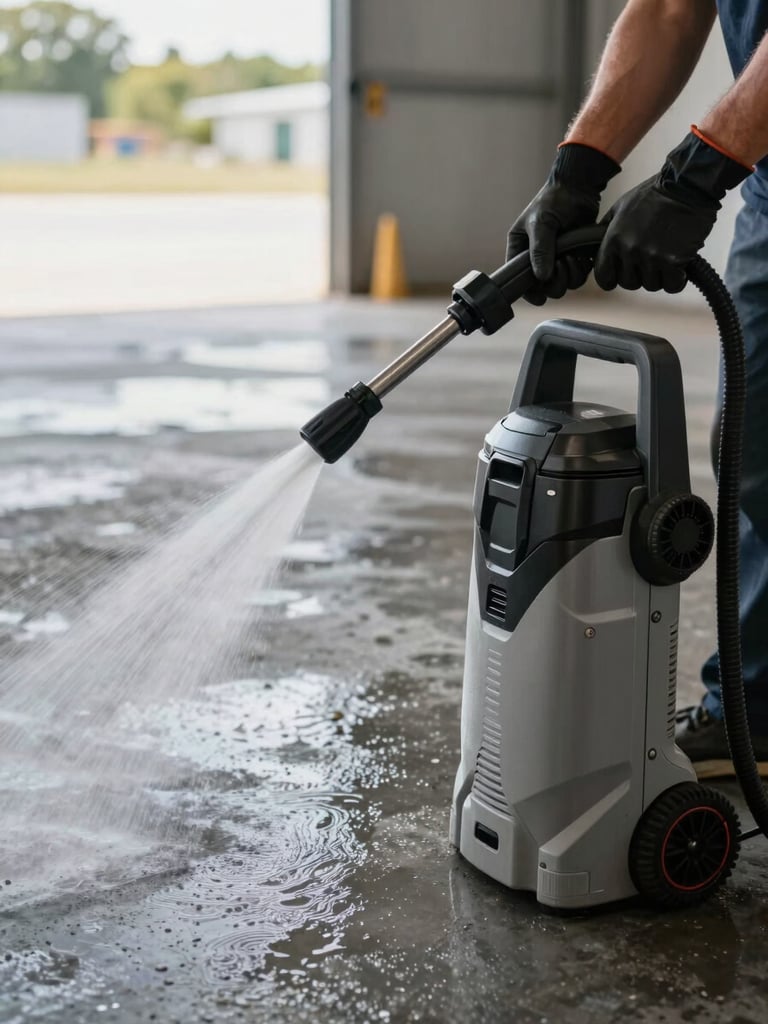 Close-up of gloved hands operating a commercial pressure washer on a concrete facility floor, water spray visible mid-motion, industrial floor surface detail, daylight from loading bay opening in background