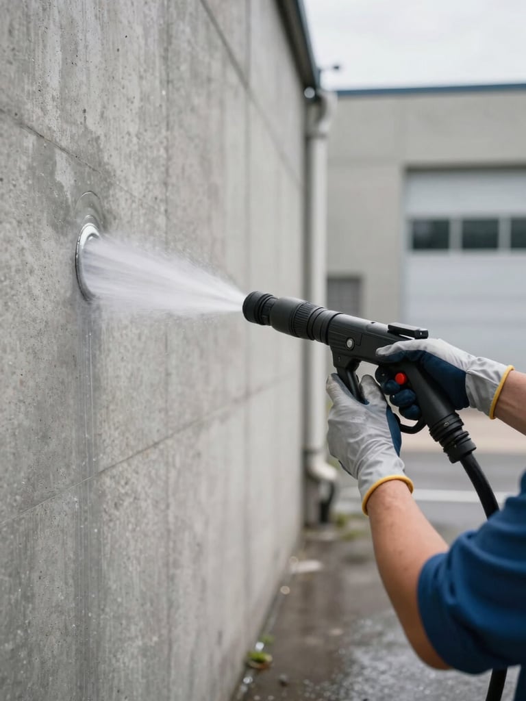 Close-up environmental shot — gloved hands operating a commercial pressure washer against a concrete facility wall, water spray visible mid-air, industrial exterior in background, daylight, wide-angle framing establishing the scope of work
