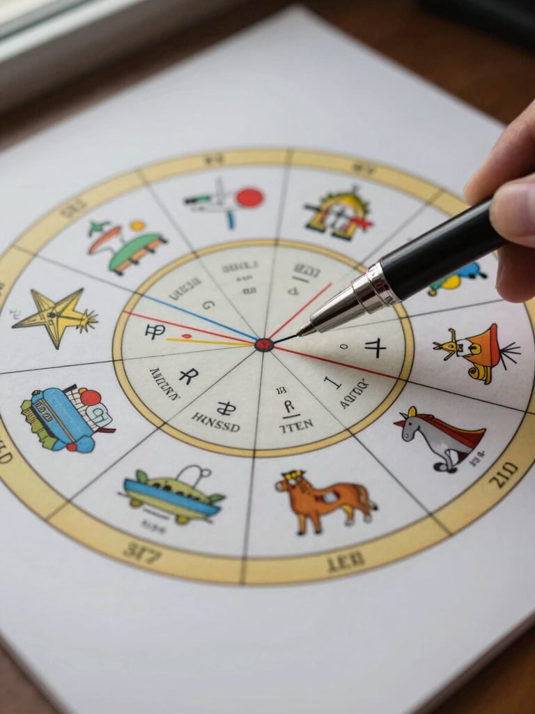 Close-up overhead of a printed zodiac wheel chart on matte paper, twelve house divisions clearly visible, a fine-tipped pen pointing to the ascendant line, even daylight from a side window, no decorative styling