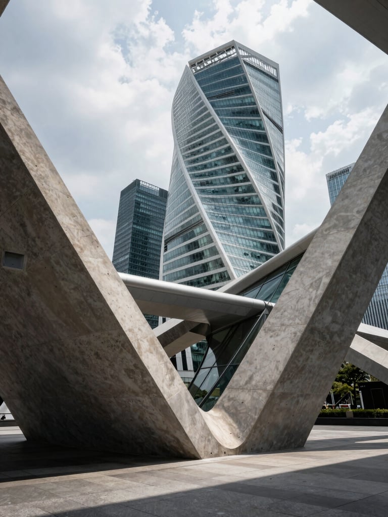 Wide-angle architectural geometry of global financial capital, sharp dramatic shadows, overcast daylight, concrete and steel structures.