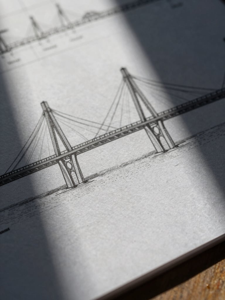Macro detail of heavy textured paper stock with architectural blueprints of a modern bridge, dramatic side lighting casting sharp shadows, cold industrial tone.