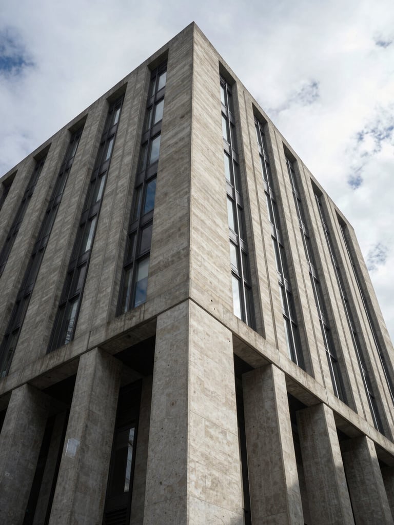 Low-angle architectural view of a brutalist concrete and steel financial headquarters in London under high-contrast overcast daylight, sharp geometric shadows, clean vertical lines.