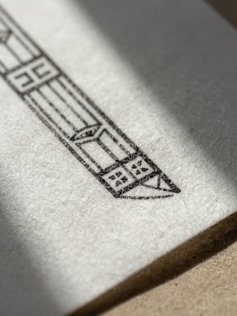 Macro close-up of heavy textured cotton paper stock with debossed black ink markings, sharp architectural shadows, high-contrast overcast light.