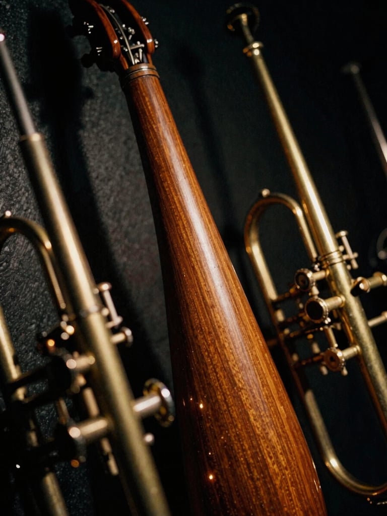 Close-up of polished wood and brass instruments catching stage light, dramatic low-key stage lighting, deep shadows, rich gold and charcoal tones, 35mm film