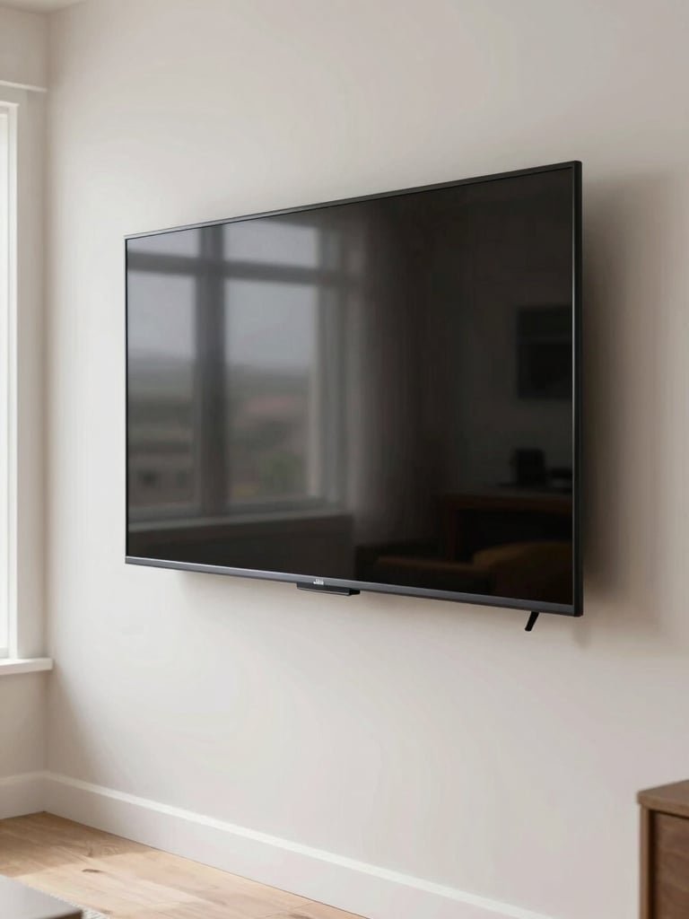 Large flat-screen television mounted flush on a painted drywall surface in a modern living room, cables completely hidden, natural window light from the left, clean baseboards visible below