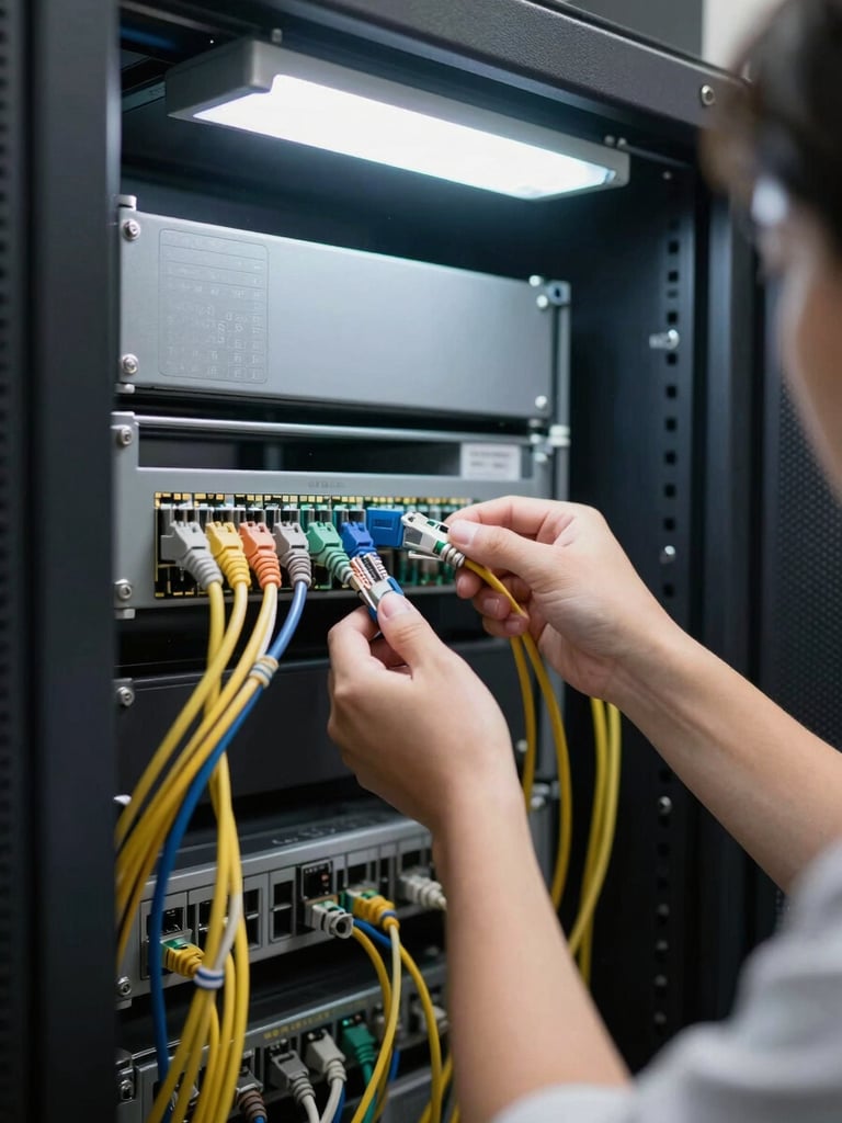 Technician connecting ethernet cables into a patch panel inside a small business server closet, overhead fluorescent light supplemented by a work lamp, labeled cables and tidy bundles visible