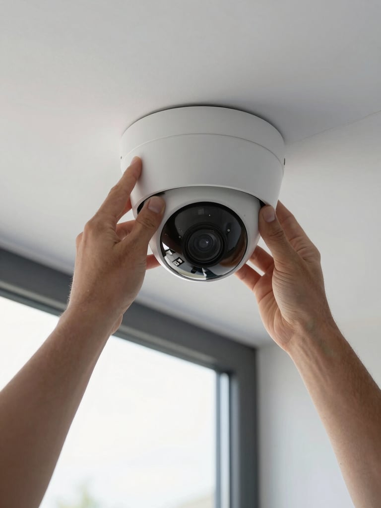 Close-up of a technician's hands positioning a dome security camera against a white ceiling tile, natural office daylight from a nearby window, cable routed cleanly through a conduit, no visible mess