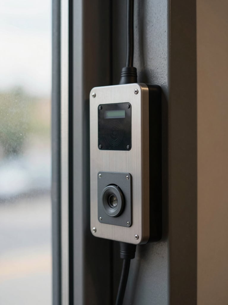 Close-up of a card-reader access control panel mounted on a commercial door frame, wiring routed cleanly behind the plate, brushed metal finish, natural daylight from a nearby window