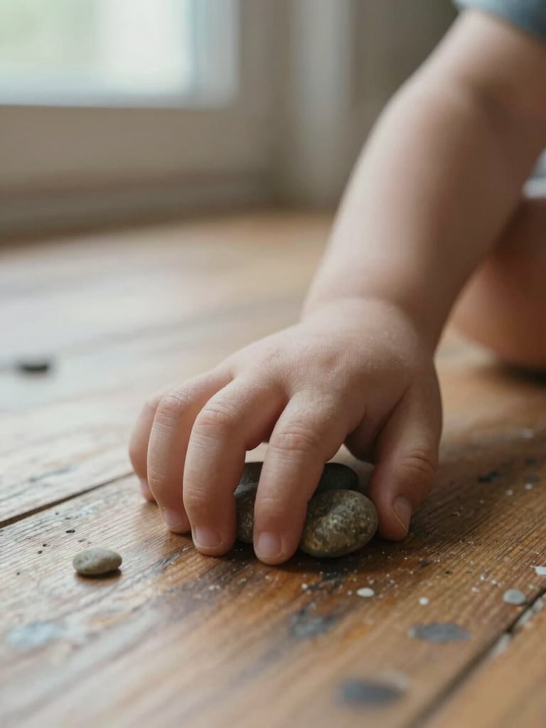 Close-up of a small child's hand resting on a worn wooden floor, fingers curled loosely around a smooth pebble, warm afternoon window light falling across the knuckles, shallow depth of field, documentary stillness