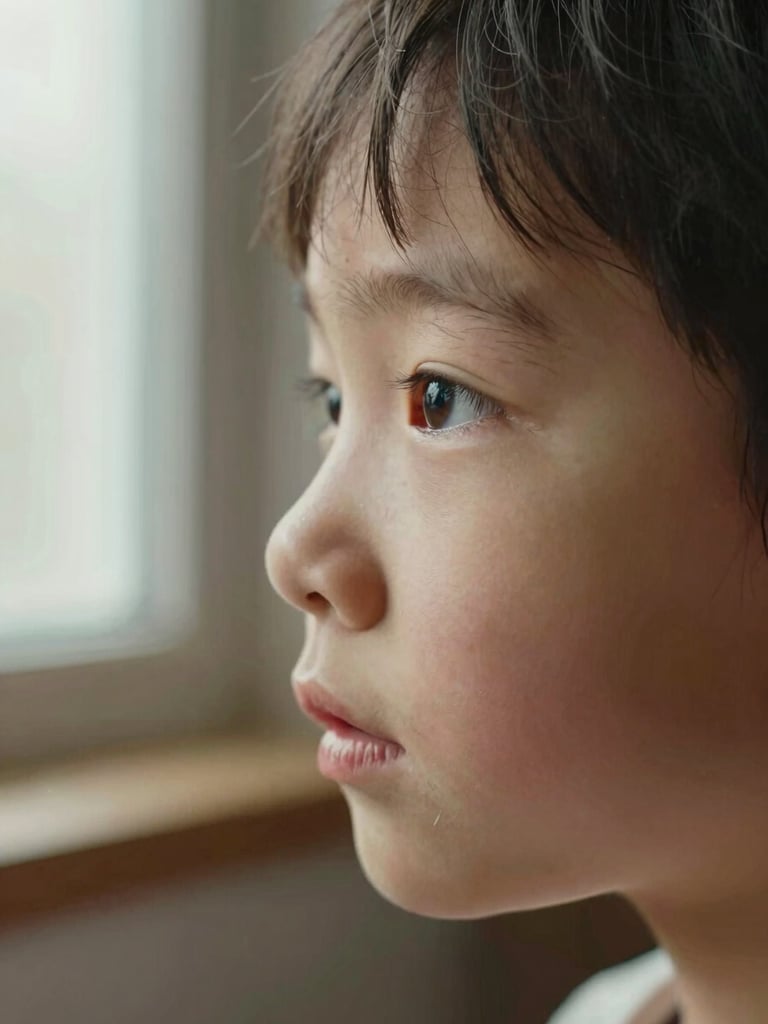 Portrait-oriented close frame of a child's face in profile, natural window light from the left, eyes focused on something just out of frame, expression quietly curious, warm indoor light with a soft background