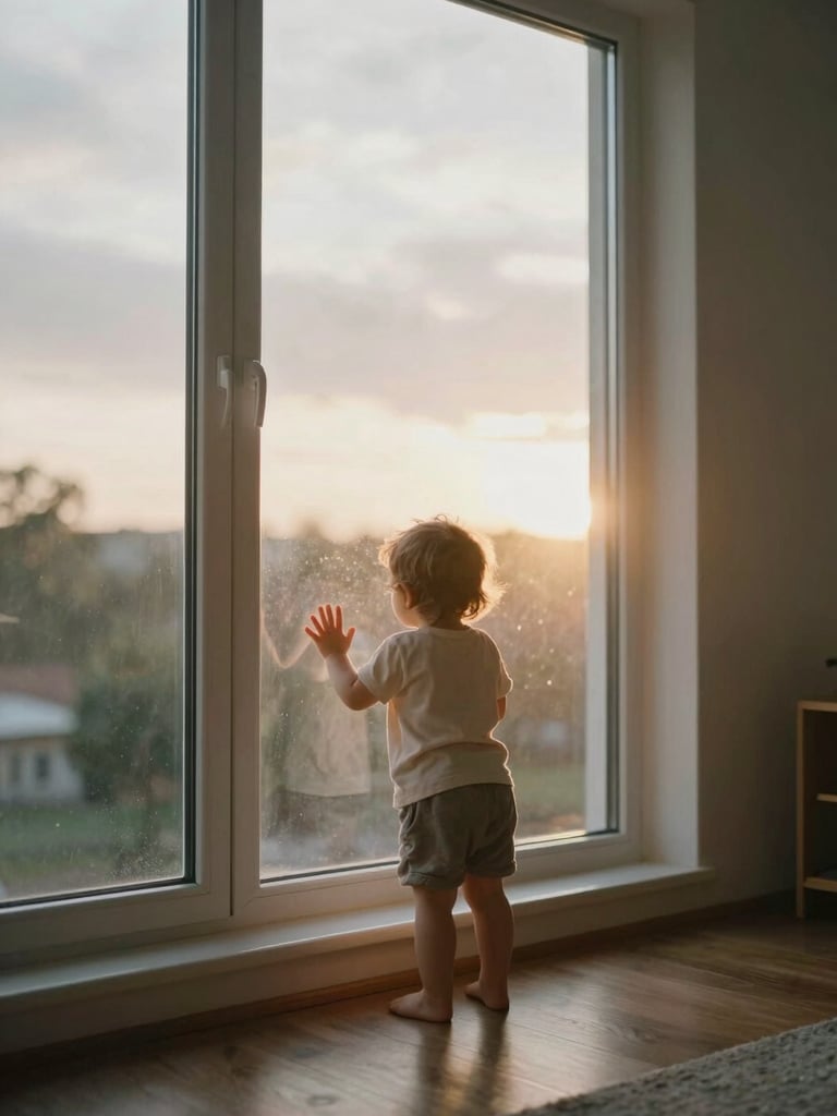 Wide environmental frame of a toddler standing at a tall living-room window, back turned, small hands pressed flat against the glass, looking out at a grey-gold afternoon light flooding the room from the right, warm dust motes visible in the air, wooden floor, sparse domestic scene