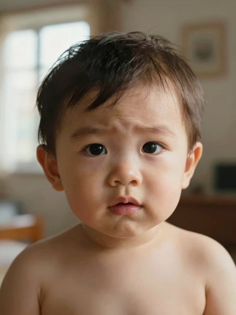 Close portrait of a toddler's expression caught mid-thought — not smiling for the camera, brow slightly furrowed, eyes sharp and curious, soft natural window light falling across one cheek, shallow depth, warm ambient room behind