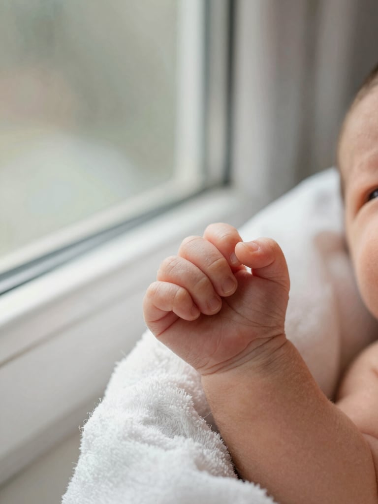 Close portrait-orientation frame of a newborn's curled hand resting against a soft cotton blanket near a sunlit window, warm natural light, no props or staging, shallow depth of field showing faint window reflection
