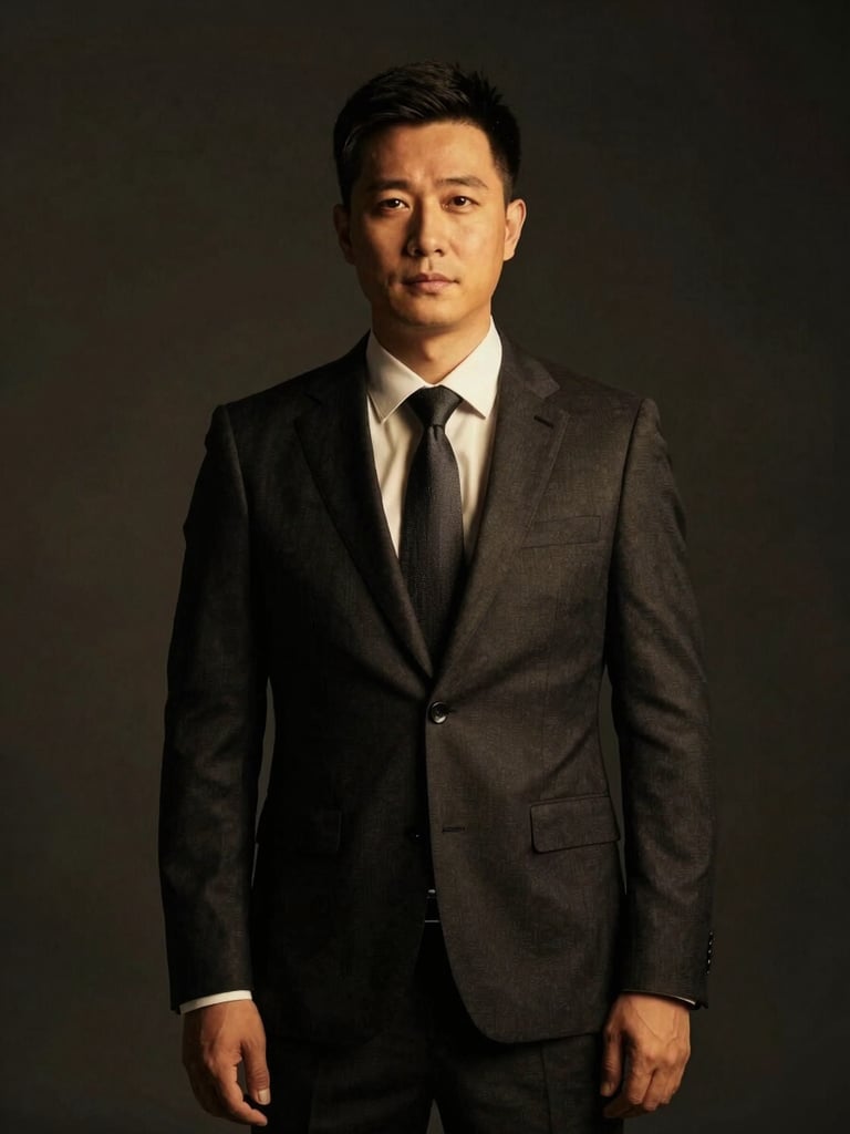 Authoritative professional portrait of a male attorney in a dark tailored suit, low-key studio lighting, warm golden highlights, dark background, confident and protective expression