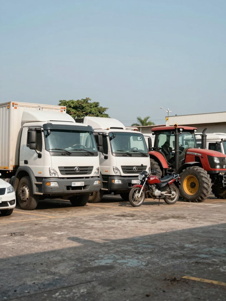 Wide panoramic view of a busy working yard in Paranaguá showing a truck, a car, a motorcycle and a tractor parked side by side under open daylight, practical work environment, no staging, concrete ground visible