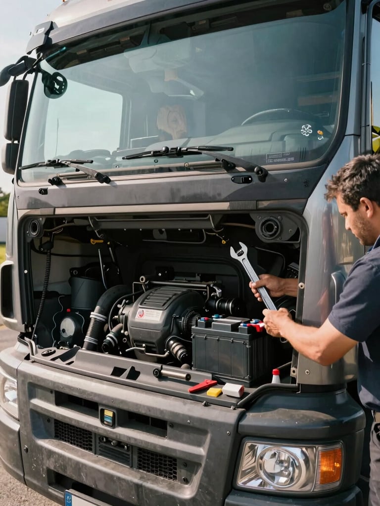 Wide shot of a mechanic installing a battery into the engine bay of a large truck, hands visible with wrench, natural daylight flooding the open cab, tools laid out on the bumper