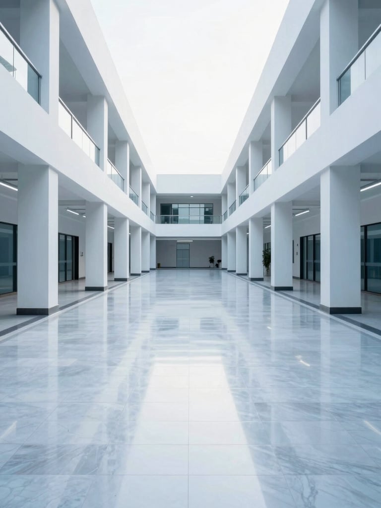 Symmetrical wide-angle shot of a clean, modern commercial corridor with high-gloss waxed floors reflecting bright cool daylight, conveying vast scale and pristine order.