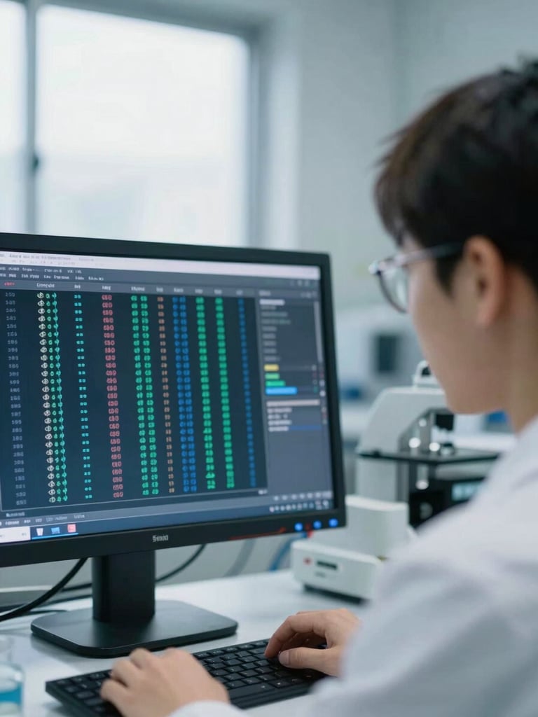 A close-up of a researcher in a clean-room laboratory environment looking at a monitor displaying genetic data sequences, soft natural window light, 35mm